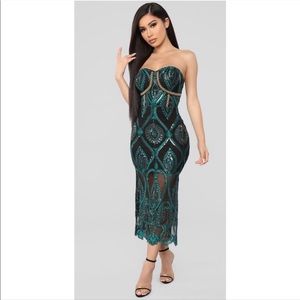 Fashion Nova Embroidered Sequin Teal Midi Dress